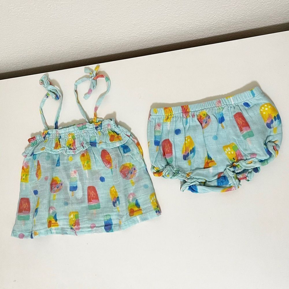 Angel Dear Organic Muslin Ruffle Top & Bloomers Set Popsicles 12-18 Months NWT